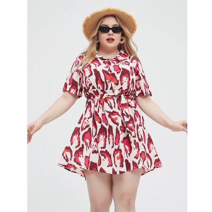 Plus Size 2024 Nuovi abiti di moda Stampa Abito Casual Poliestere Girocollo Abito a maniche corte Abbigliamento taglie forti da donna L062