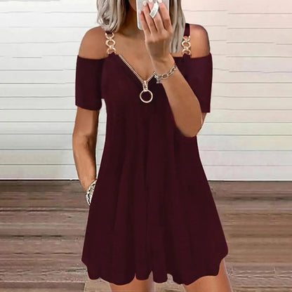 Plus Size Zipper V-Neck Short Sleeve Metal Shoulder Strap Pleated Hem A-Line Mini Dress Women Casual Cold Shoulder Swing Dress