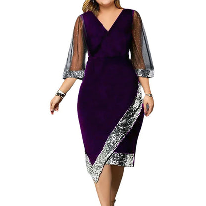 Plus Size  Evening Party Dress for Women 2023 Elegant Sequin V Neck Mesh Sleeve Velvet Irregular Formal Occasion Dress Vestidos