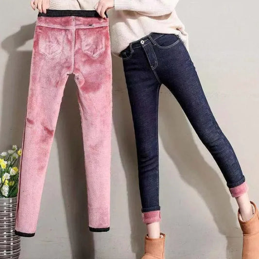 Women Thermal Jeans Winter Snow Warm Plush Stretch Jeans Lady Skinny Thicken Fleece Denim Long Pants Retro Blue Pencil Trousers