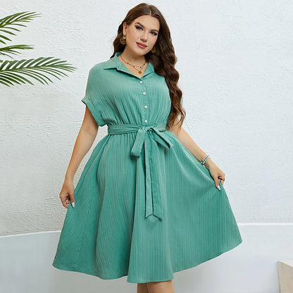 Plus Size Turn Down Collar Summer Dresses Women's Clothes Solid Elegant Casual Cute Ball Gown Midi Dress Wholesale Dropshipping