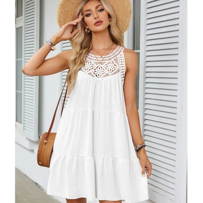 Fashion Sexy Hollow Lace Patchwork Halter Neck Women A Line Dress Summer Casual Solid Color Loose Beach Holiday Female Sundress