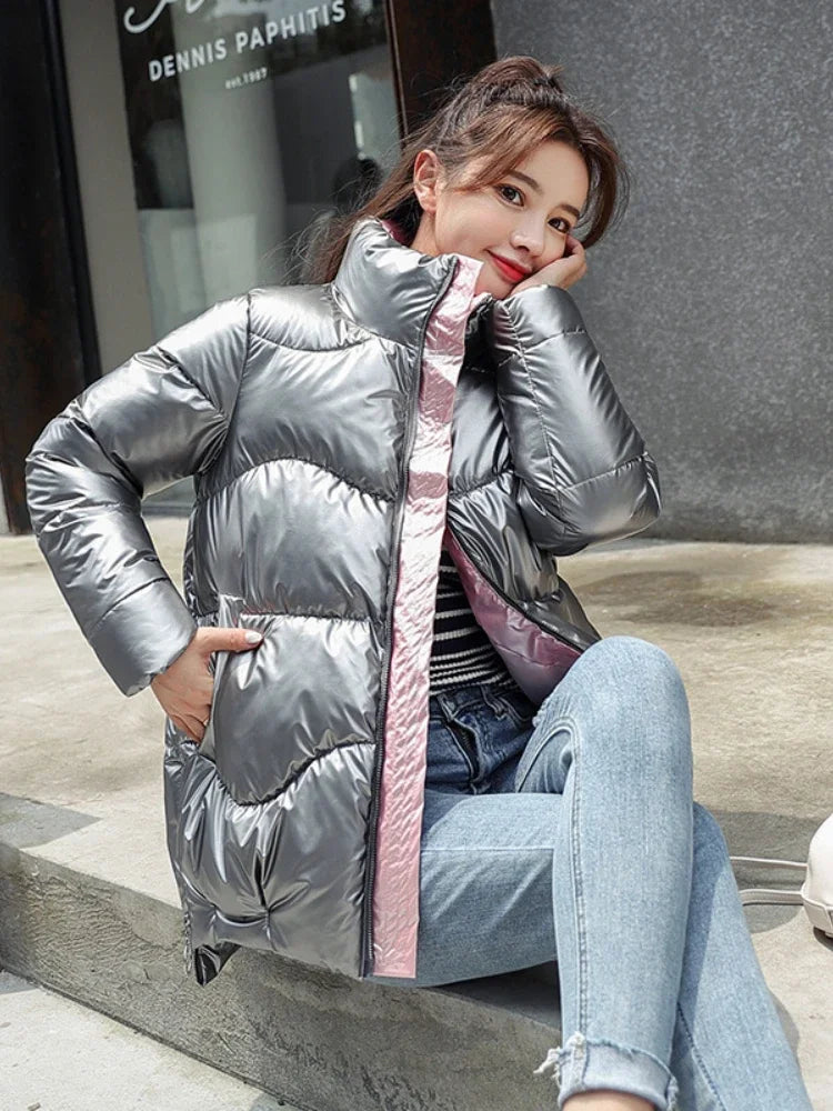 Giacca che riflette la luce Donna Inverno Caldo Pane Parka Corto imbottito Casual Spesso Stand-up Cappotto in cotone oversize Femme Parka 