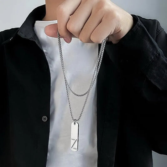 Rinhoo Cool Men's Jewelry Stainless Steel Initial Name Bar Necklace for Men Thick Geometric Bar Pendant with A-Z Letters Choker