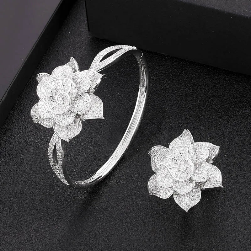 Zlxgirl women 2PC African flower Bangle Ring Set Dubai Bridal Jewelry For Women's Wedding Cubic Zircon aretes de mujer bracelet