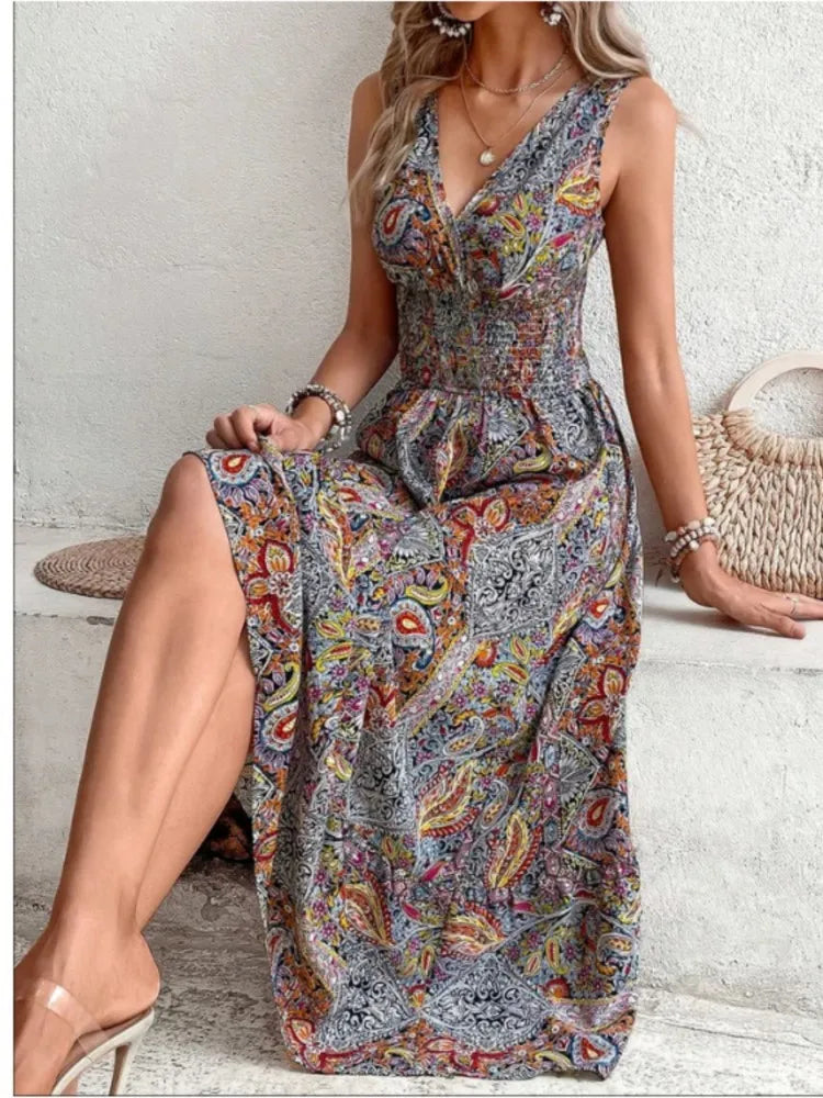 Summer Boho Dress Women Fahsion Sleeveless Print Beach Party Dresses Elegant Casual Holiday Female Dress For Women Robe Femme