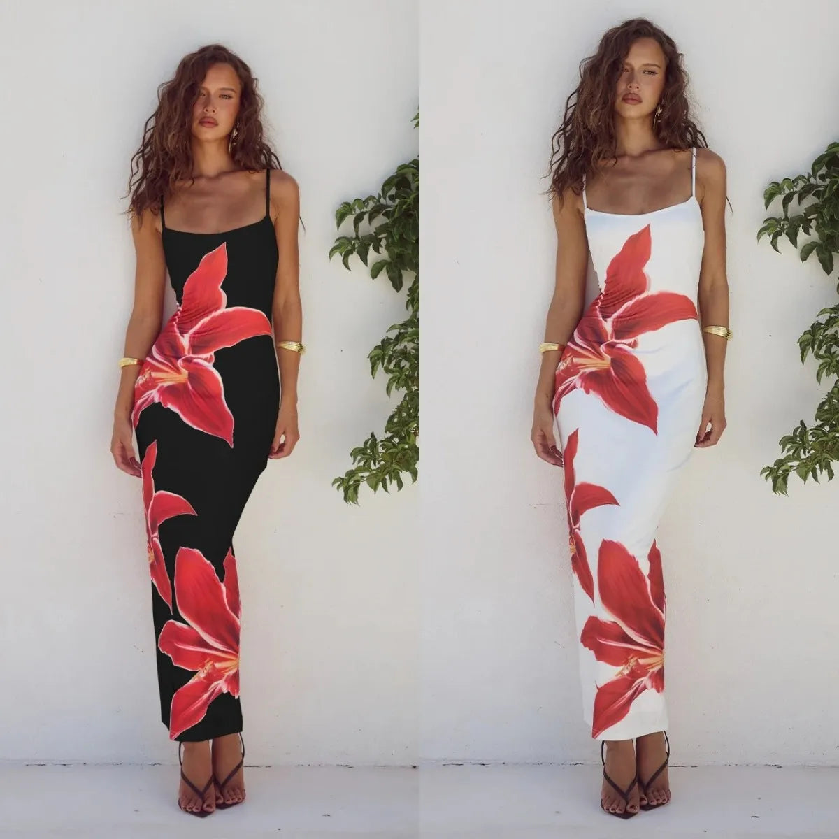 Flower Print Slim Spaghetti Strap Dresses Women Sexy Package Hip Bodycon Trendy Ladies Party Club Long Dress Fashion Streetwear