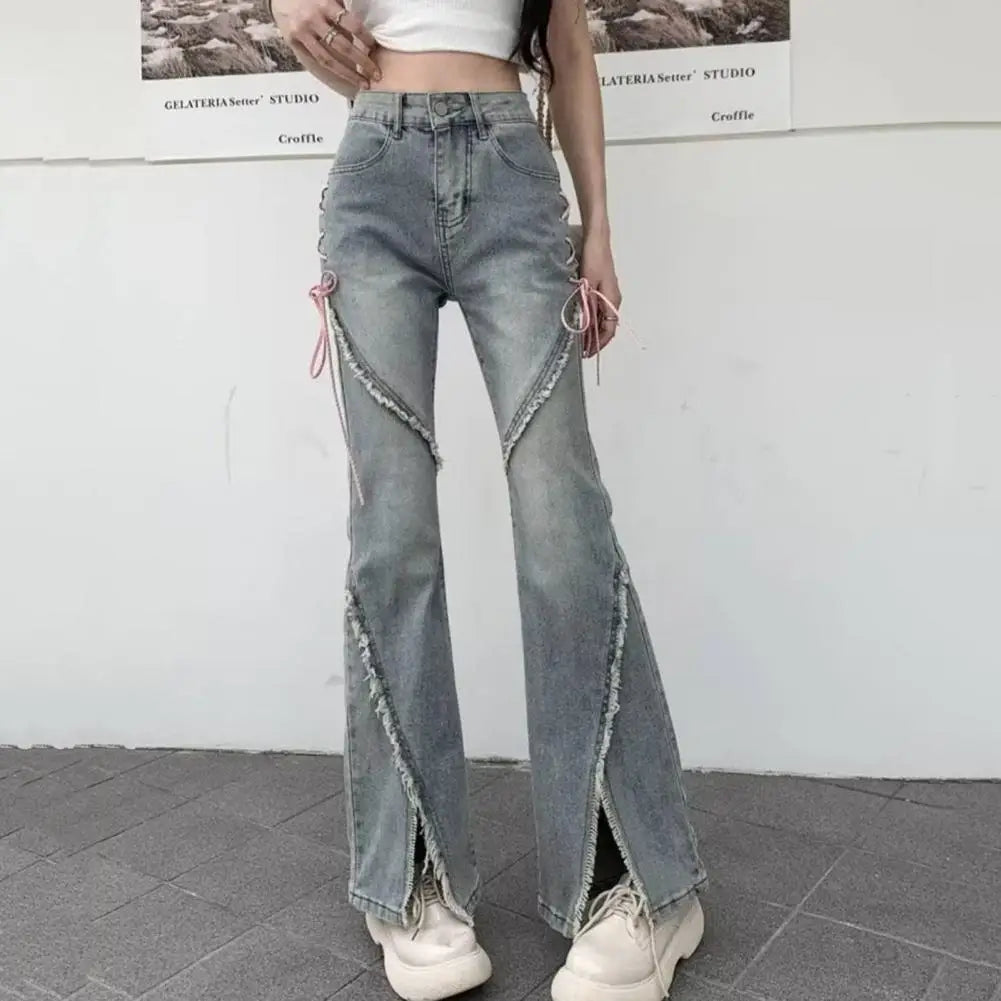 High-waisted Denim Jeans Trendy Women's Hip Hop Flared Jeans with Ripped Split Hem High Waist Button Closure Stylish for A