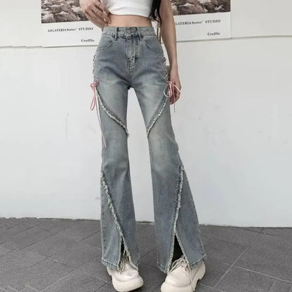 Jeans in denim a vita alta Jeans svasati hip-hop da donna alla moda con orlo diviso strappato Chiusura con bottoni a vita alta Elegante per A 