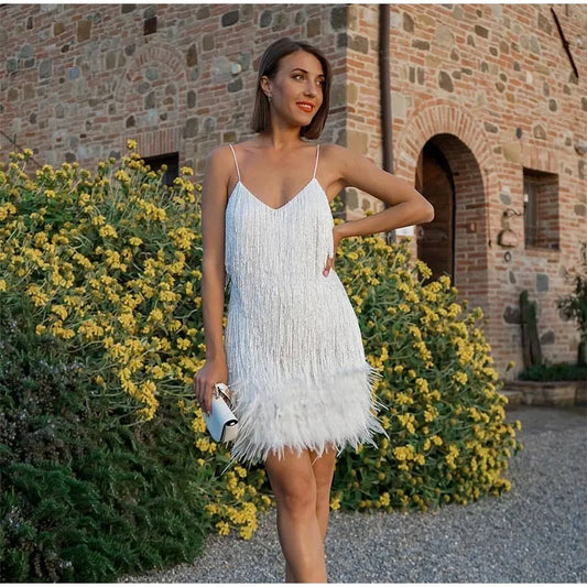 Fringed Evening Party Dress With Feathers for Women's 2023 Sequin Stitching Slim V-Neck Off Shoulder Wedding Guest  Vestidos