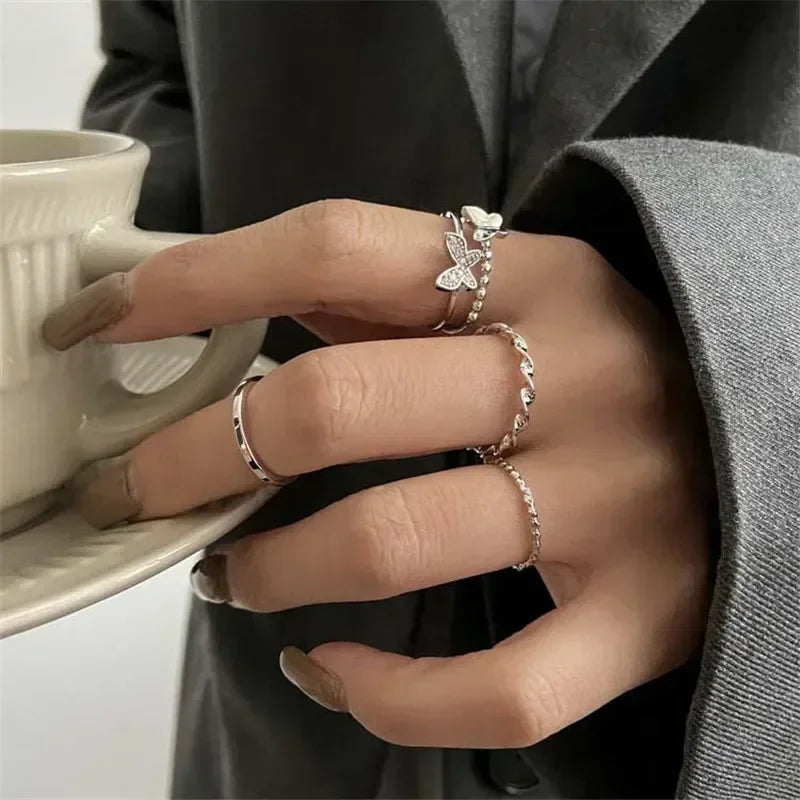 Fashion Minimalism Butterfly Heart Ring Set for Women Girls Cool Sweet Couple Rings Aesthetic Jewelry Accessories 2023 New Trend