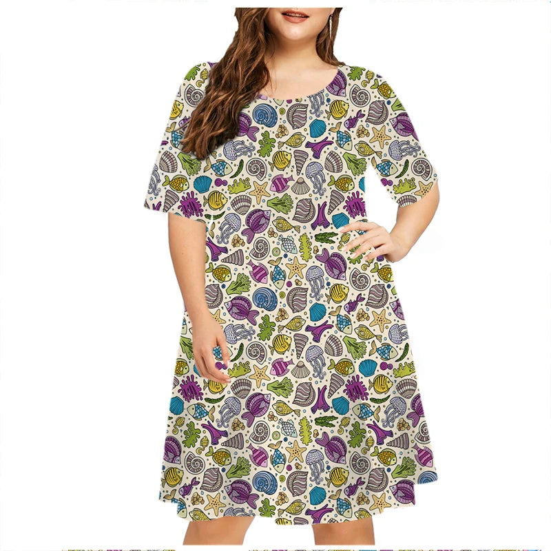 Summer Retro Short Sleeve A-Line DressWomen Plant Flower 3D Printed Dress Casual Fashion O-Neck Loose Ladies Dress Plus Size 6XL