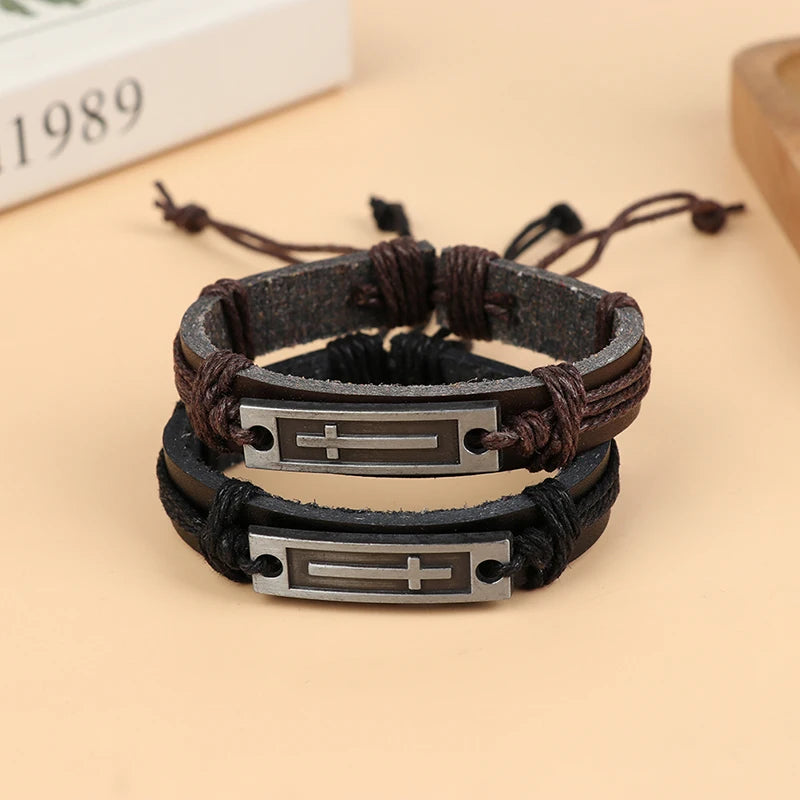 Jesus Christian Religious Brown Black Cross Leather Bracelet For Men Women Vintage Jewelry Bracelets & Bangles