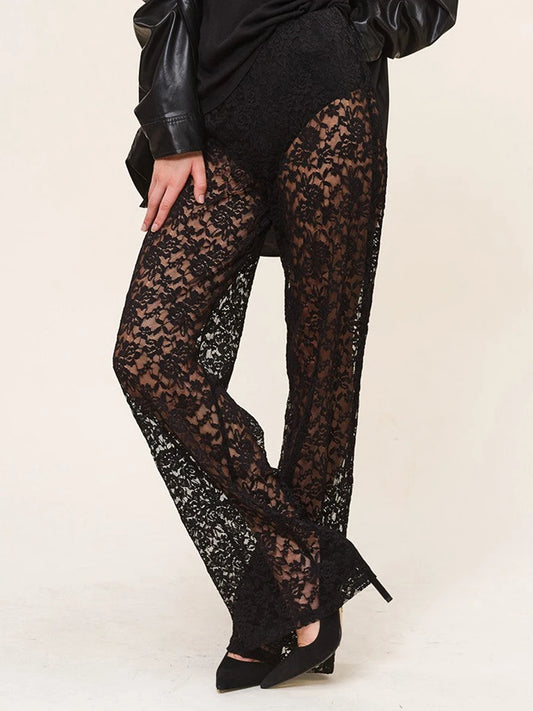 See-Through Lace High Waist Pants for Women Wide Leg Flare Pants Bell-Bottoms Trousers Streetwear