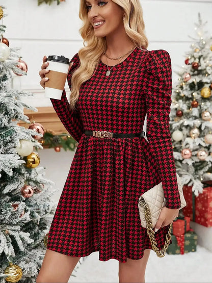 Special offer welfare 2024 new fashionable women's dress with long sleeves, slim fit, small round neck, elegant red and black pl