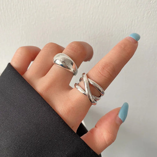 Korean Silver Color Cross Opening Ring for Women Vintage Simple Geometric Glossy Stainless Steel Ring Jewelry Party Gift Anillos