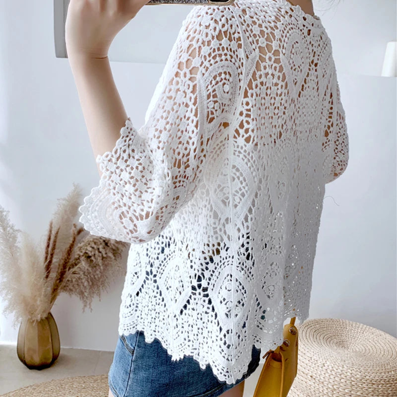 Shawl summer outerwear cardigan women's thin cut hollowed out knitted small jacket short cover up very fairy sun proof air-condi