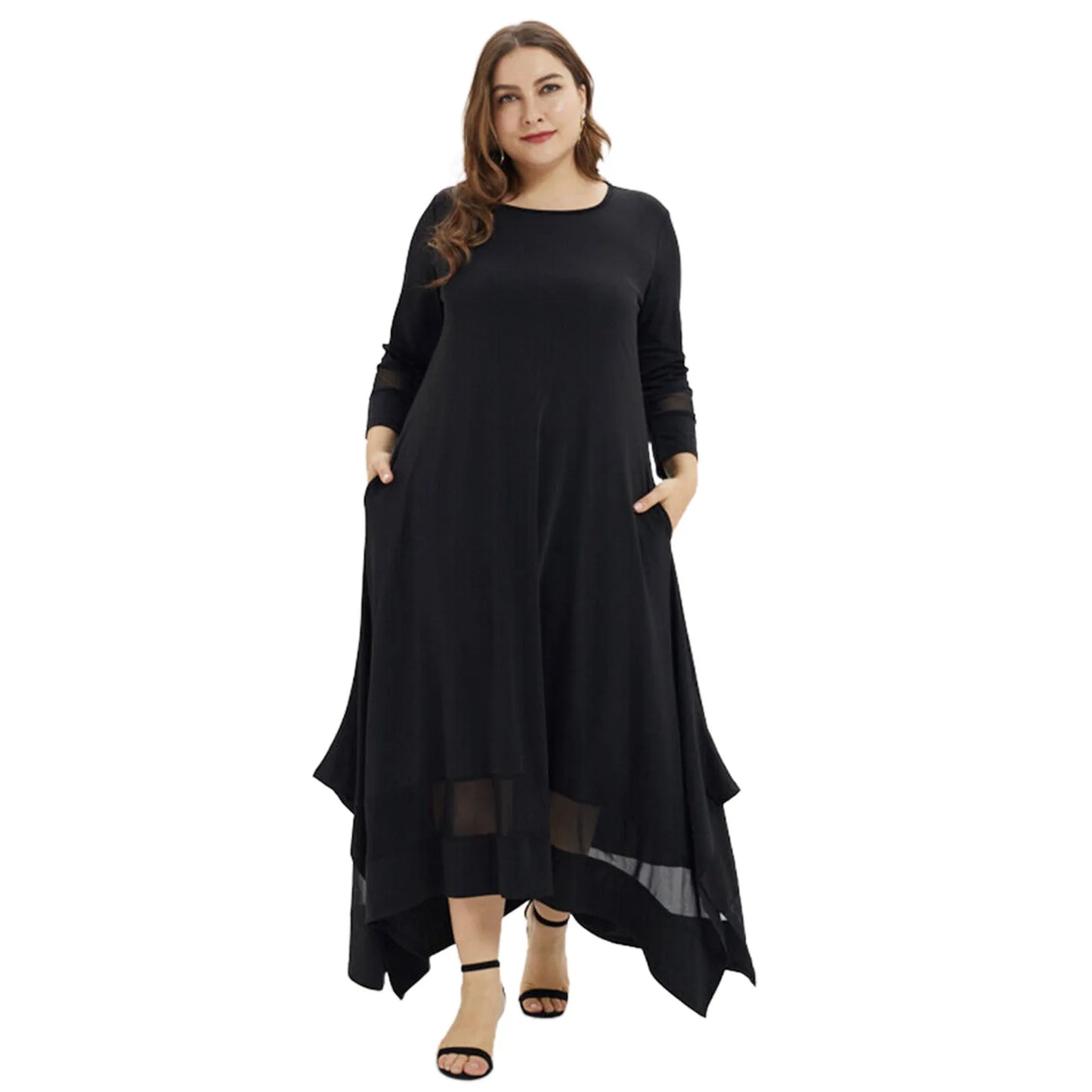 Abito maxi moda donna tinta unita taglie forti O scollo prospettiva manica lunga allentato nero