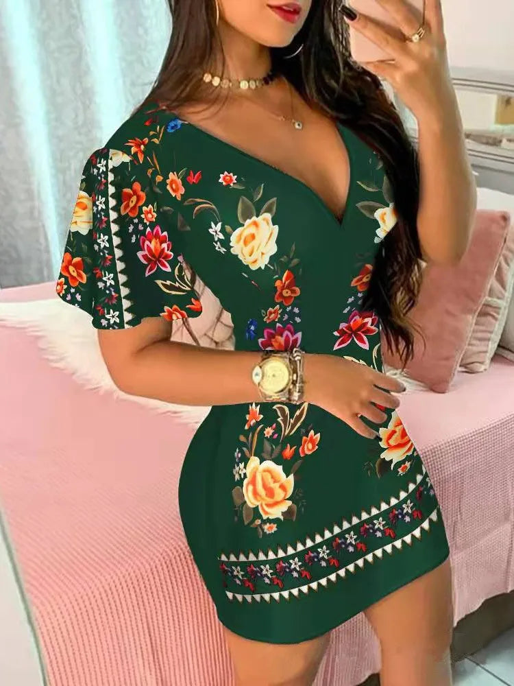 Summer Elegant Floral Print Bodycon Mini Dress Women 2023 Fashion Sexy Deep V-neck Package Hip Dresess Office Lady Party Dress