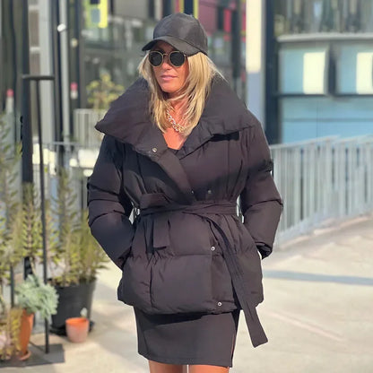 Fandy Lokar Parka con colletto alla coreana invernale da donna cappotti corti con cravatta in vita da donna eleganti nuovi piumini solidi da donna