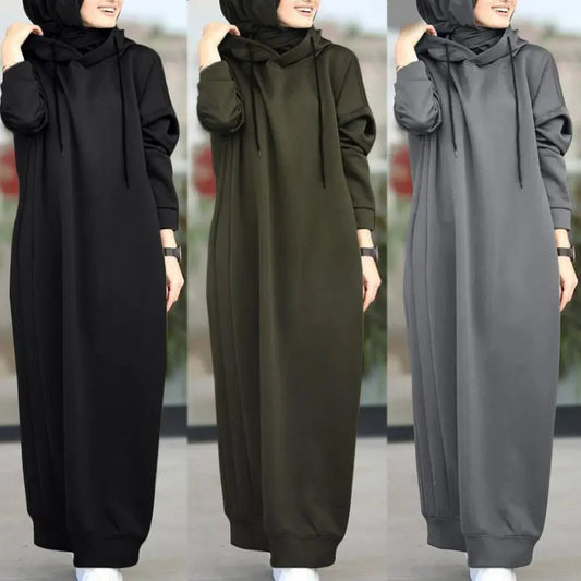 Muslim Dress Autumn/Winter Women's Sweatshirt Fashion Hooded Long Sleeve Long Dress Casual Solid Color Hooded Tank Top Robe