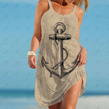 2023 Summer Women's Dress Short Beach Sea Anchor 3D Printed Party Mini Pirate Anchor Sling Dress Sleeveless Sexy Beach Dress