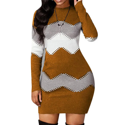 Women Elegant Patchwork Long Sleeve Warm Dress 2022 Autumn Winter Rib Knit Sweater Dress Casual Turtleneck Pullover Mini Dresses