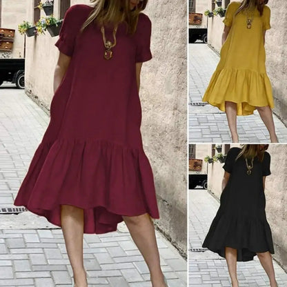 Solid Color Casual Dress Ruffle Hem Patchwork Women's Summer Dress O Neck Short Sleeves A-line Knee Length Casual Soft Daily