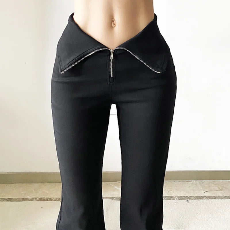 Black Flare Pants Women Zipper Skinny Y2k Streetwear Punk Casual Fashion