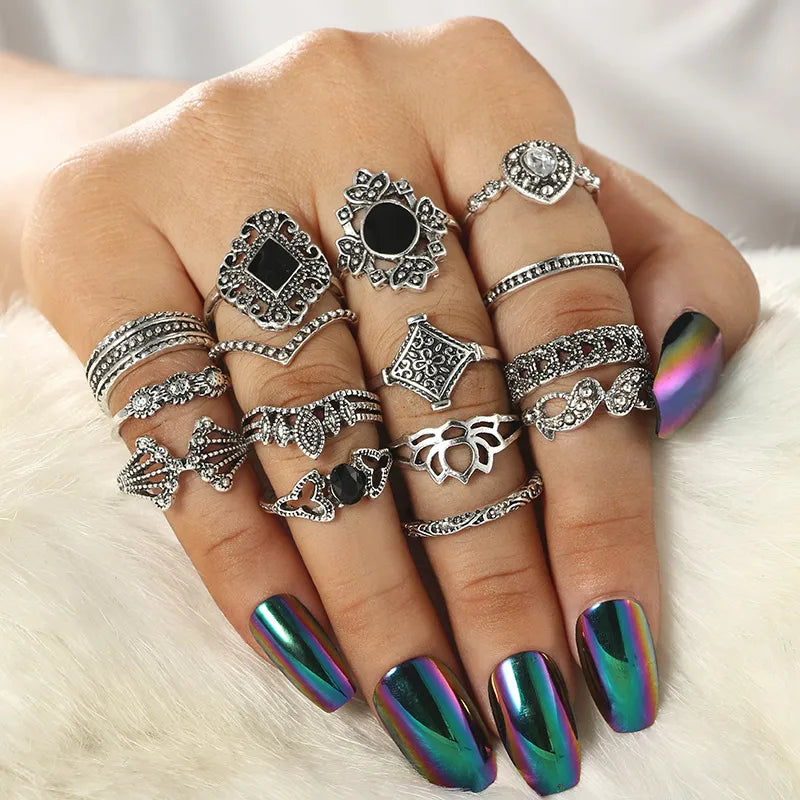 15Pcs Lotus Flower Black Rhinestone Gothic Aesthetic Vintage Antique Silver Color Rings Sets for Women Men Jewelry