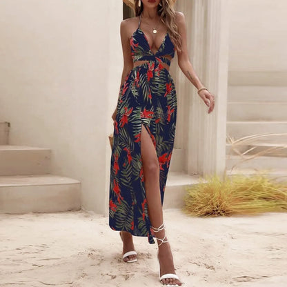 Summer Dresses For Women 2023 Sexy Split Long Dresses Beach Floral Dress Open Back Bow Knot Open Collar Slit Dress Vestidos