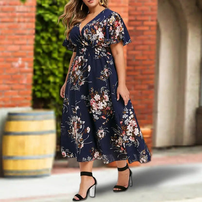 Plus Size Summer Dress Women Floral Chiffon V-Neck Short-sleeved Dress Elastic High Waist Bohemian Dress