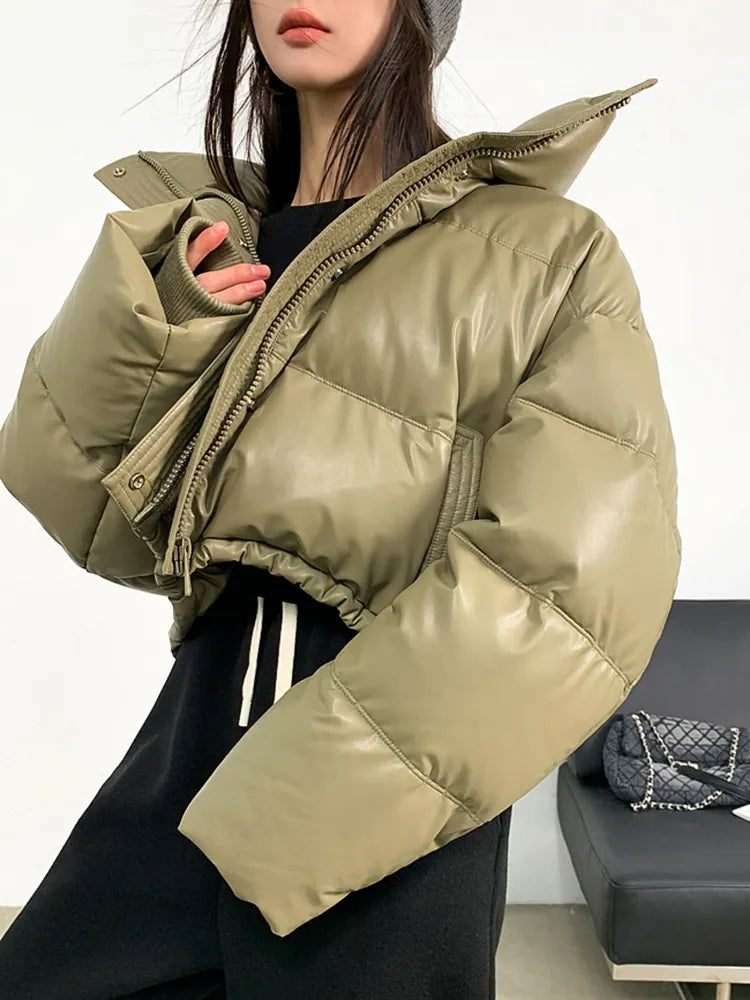 Jmprs American Biker Women Pu Puffy Coat Winter Retro Cropped Parkas Casual Thick Warm Lady Long Sleeve Loose Cotton Down Coats