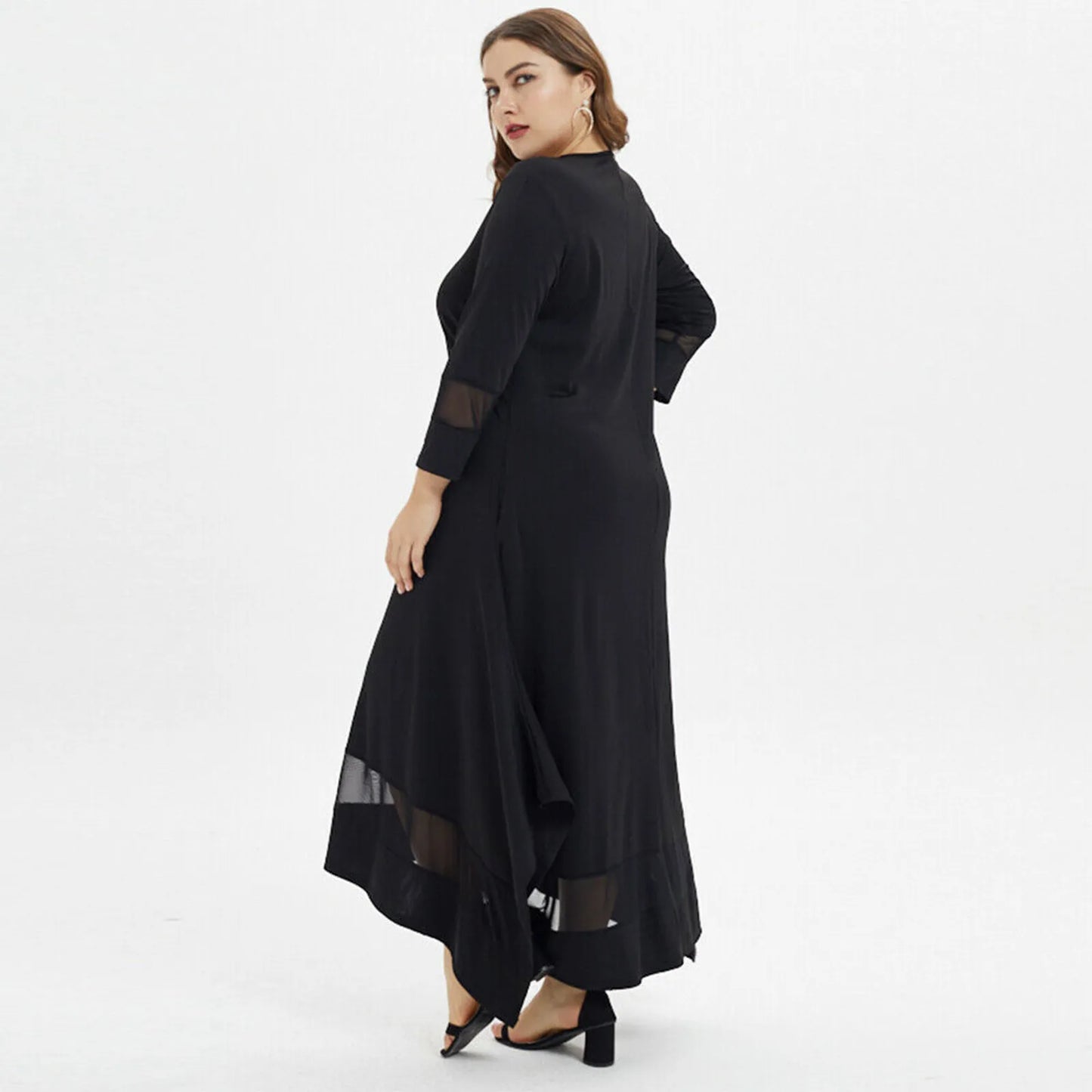 Women Fashion Solid Plus Size Maxi Dress O Neckline Perspective Long Sleeve Loose Black