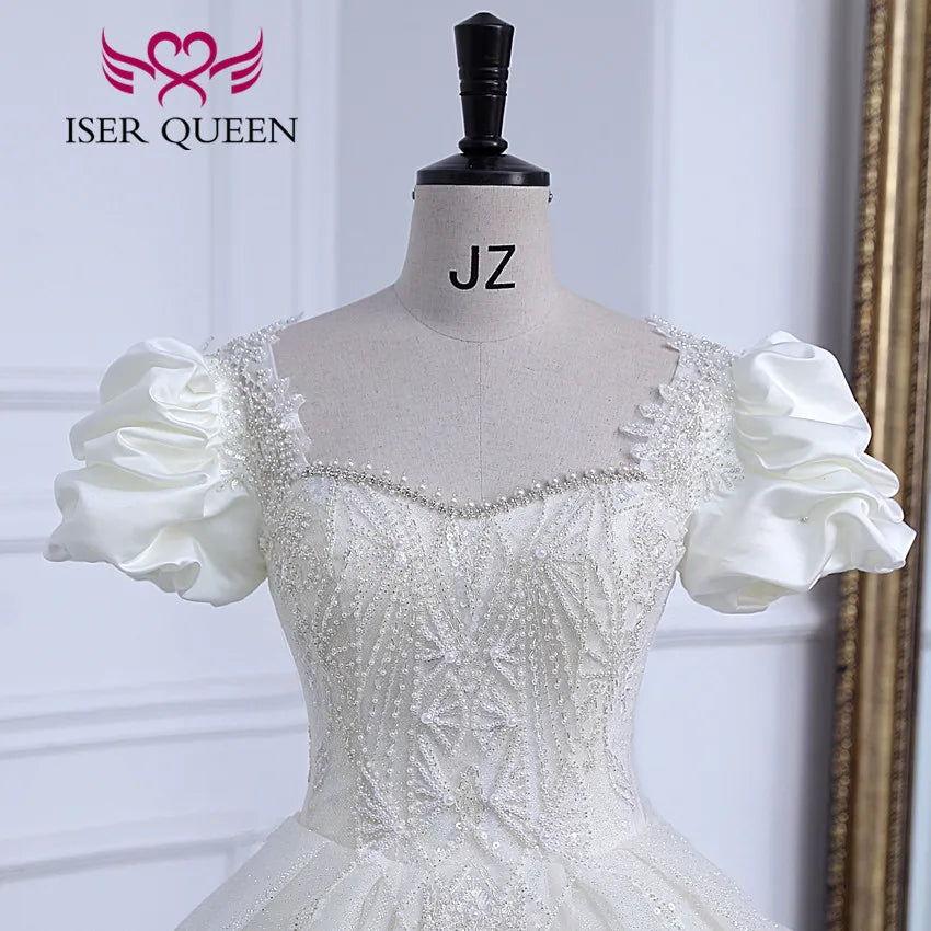 Customized Short Puff Sleeves Princess Wedding Dresses Europe Style 2024 New Gilter Tulle Quality Wedding Gown For Bride WX0308