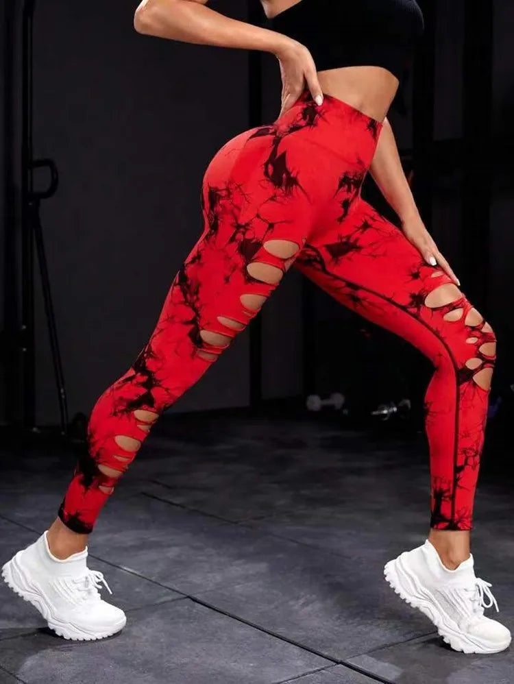 Women Tie Dye Hollow Out Leggings Sports Pants Fitness Sportswear