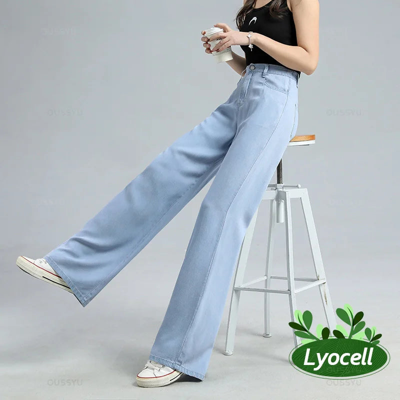 Summer Thin Soft Women's Jeans Natural Lyocell Fabric Baggy Wide Leg Denim Pants Streetwear Loose Casual Female Clothing XS-3XL