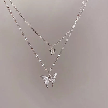 LATS New Shiny Butterfly Necklace Ladies Exquisite Double Layer Clavicle Chain Necklace Jewelry for Ladies Gift