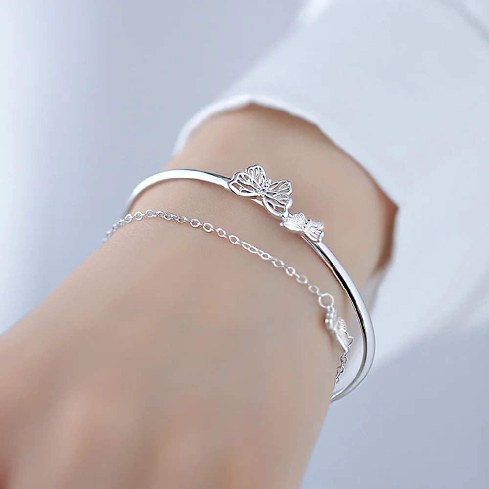 Fashion Hollow Butterfly Bangle Bracelet Silver Color Double Layer Tassel Chain Bracelet For Women Girls