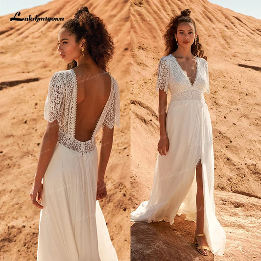 Sexy Split Lace Chiffon Wedding Dresses Customized Short Sleeve V Neck Simple Beach Open Back Bridal Gown vestido de novia