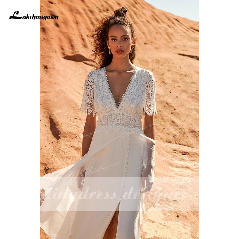 Sexy Split Lace Chiffon Wedding Dresses Customized Short Sleeve V Neck Simple Beach Open Back Bridal Gown vestido de novia