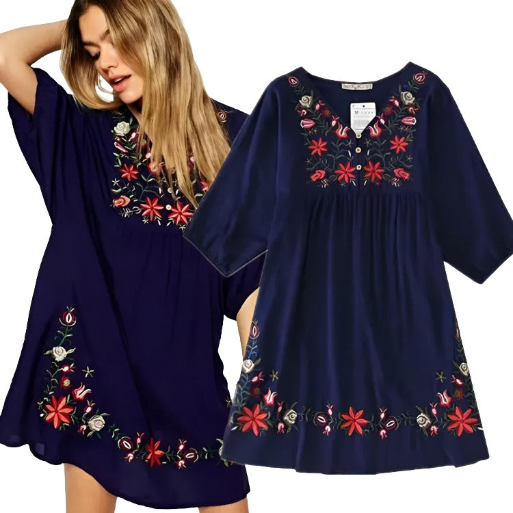 New Arrivals Ethnic Flowers Embroidery Mini One-piece Dress