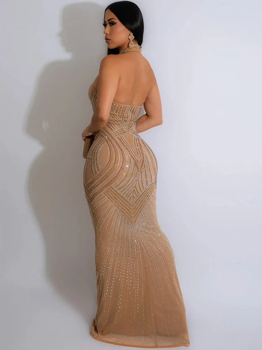 Long Maxi Dress Glam Backless Hallucination Mesh Diamonds Party Dress