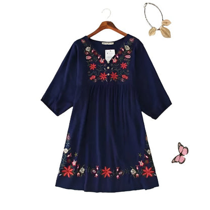 New Arrivals Ethnic Flowers Embroidery Mini One-piece Dress