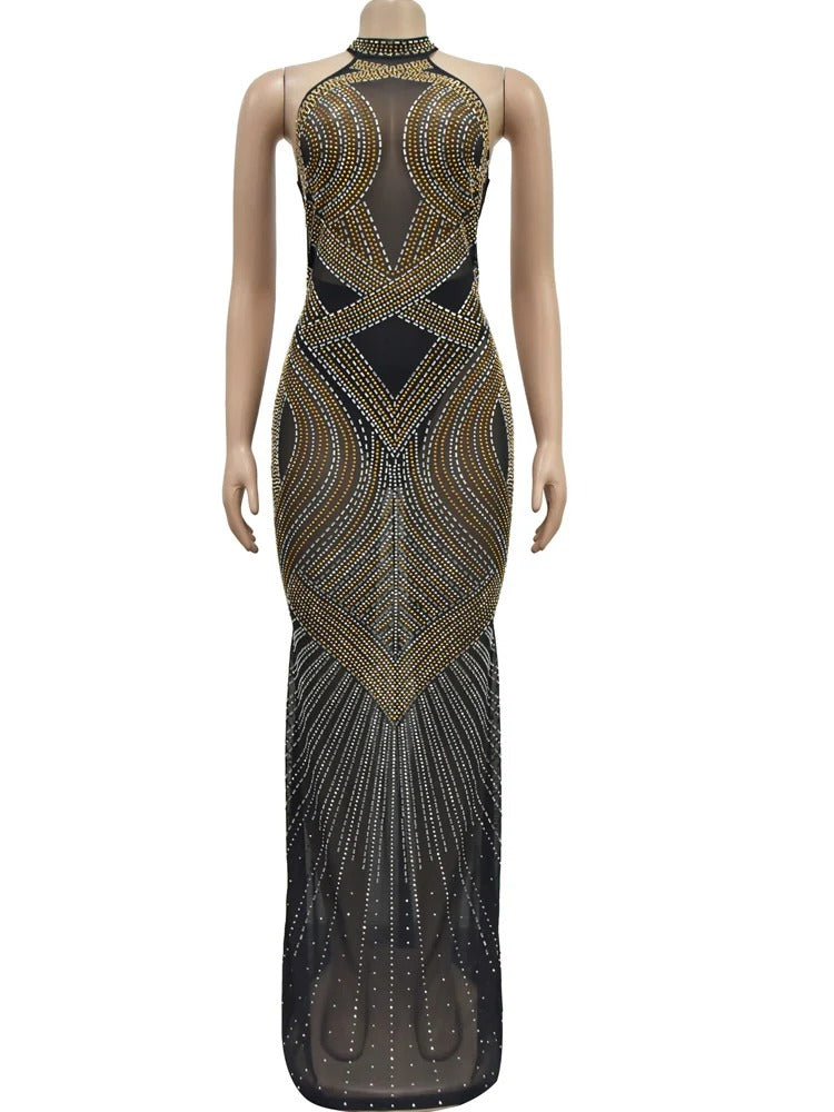 Long Maxi Dress Glam Backless Hallucination Mesh Diamonds Party Dress