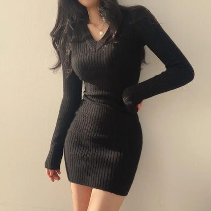 Women Retro Knitted Mini Bodycon Solid Color V-Neck Long Sleeve