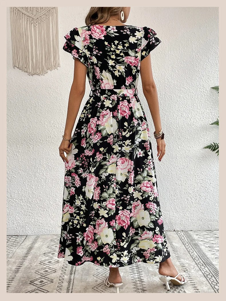 Women Black Big Flower Print Short Sleeve V Neck Vintage Midi Dress