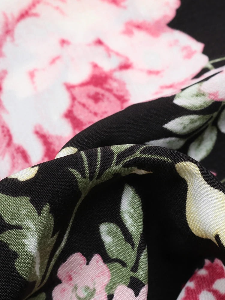 Women Black Big Flower Print Short Sleeve V Neck Vintage Midi Dress